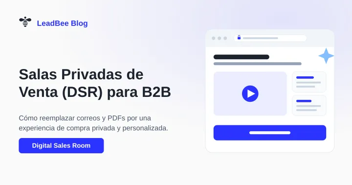 Ilustración de una ventana de navegador con candado que representa una Sala Privada de Ventas (Digital Sales Room), con video de demostración, tarjetas de casos de éxito y un botón de agendamiento.